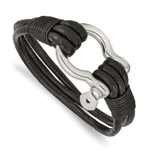 Kazi Luxury Steel Polished Shackle Multi Str& Black Leather 8.5in Bracelet